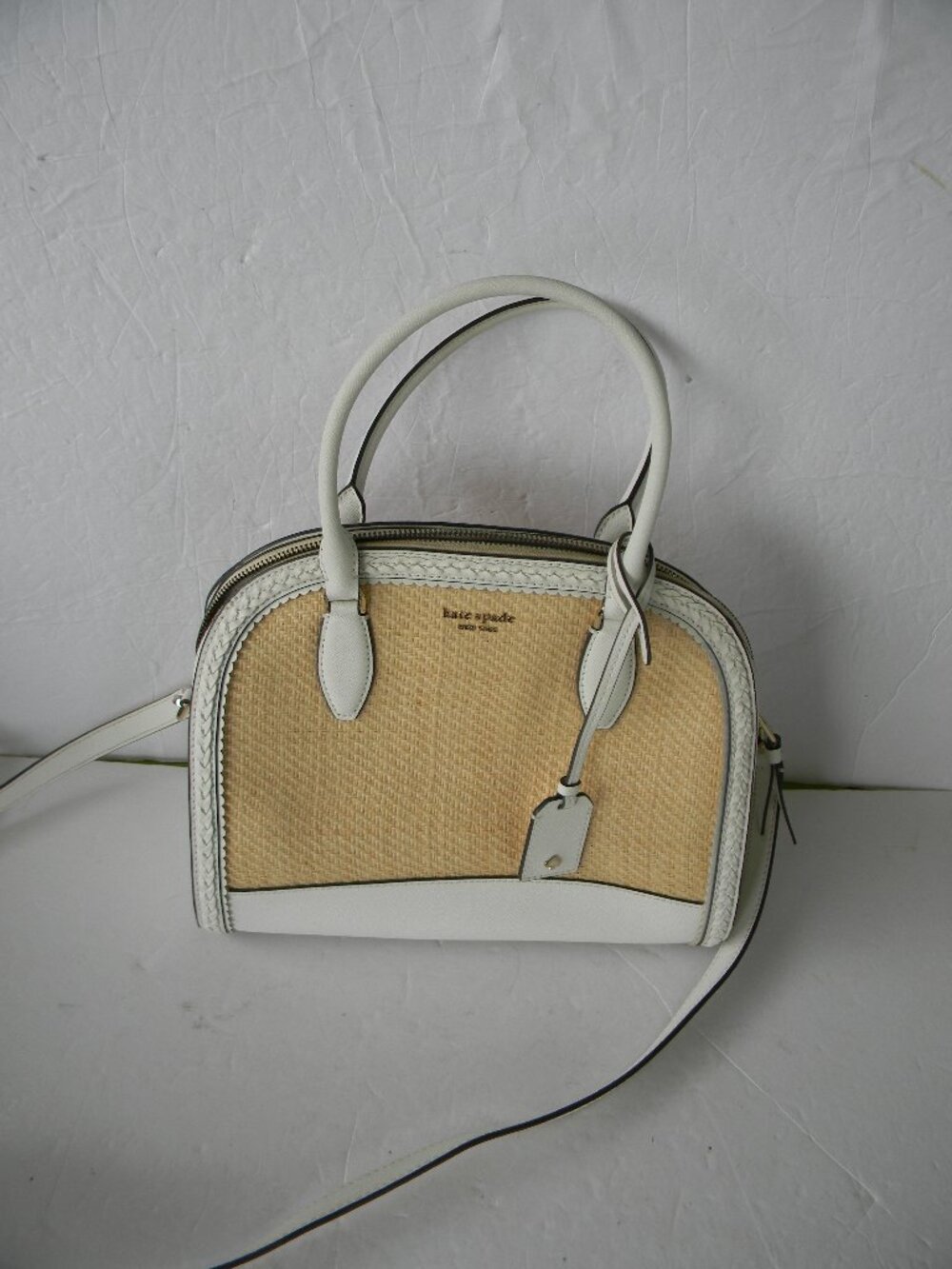 Kate Spade Reiley Straw White Leather Dome Satchel/CROSSBODY RESORT BEACH